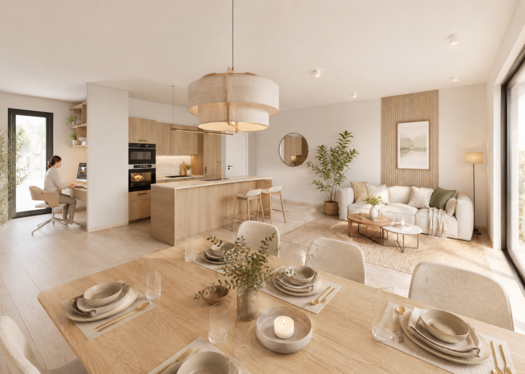 Séjour lumineux avec cuisine ouverte d’un appartement Stock-L