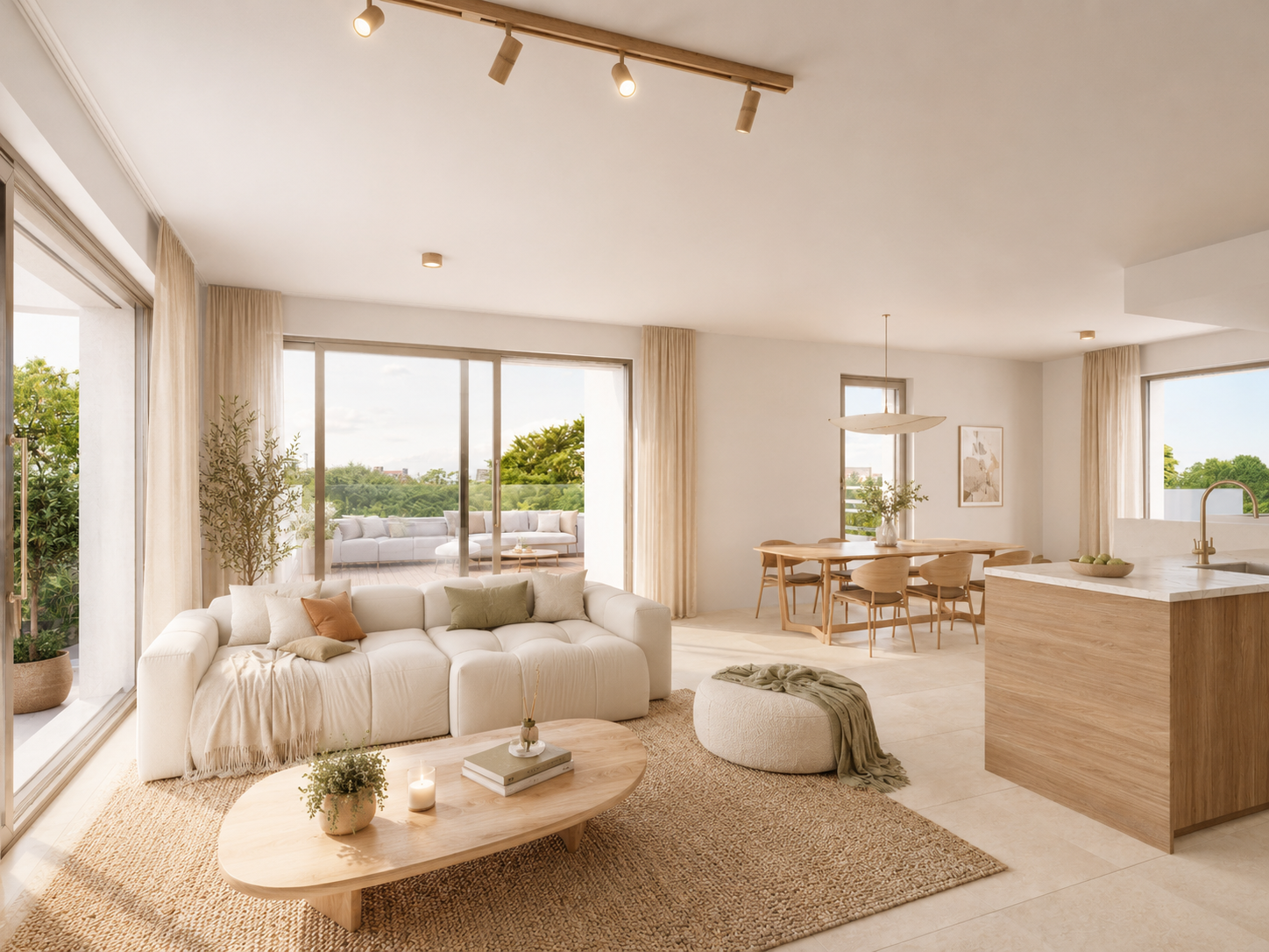 Séjour spacieux avec terrasse et cuisine ouverte d’un appartement Stock-L
