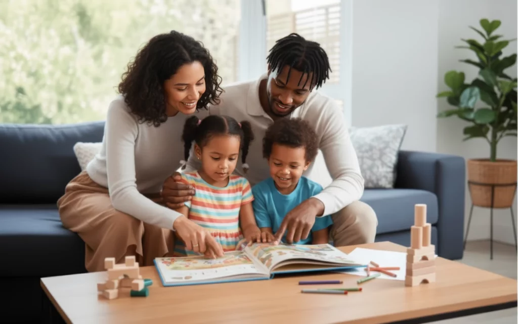 Famille partageant un moment dans un intérieur lumineux