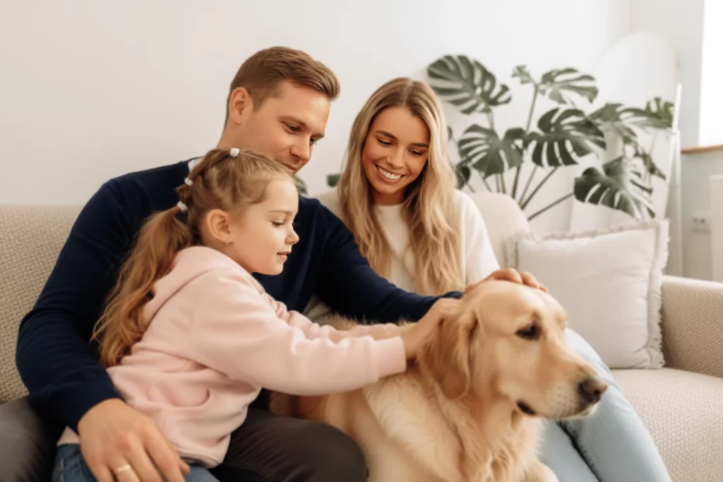 Famille avec enfant et chien dans un intérieur chaleureux