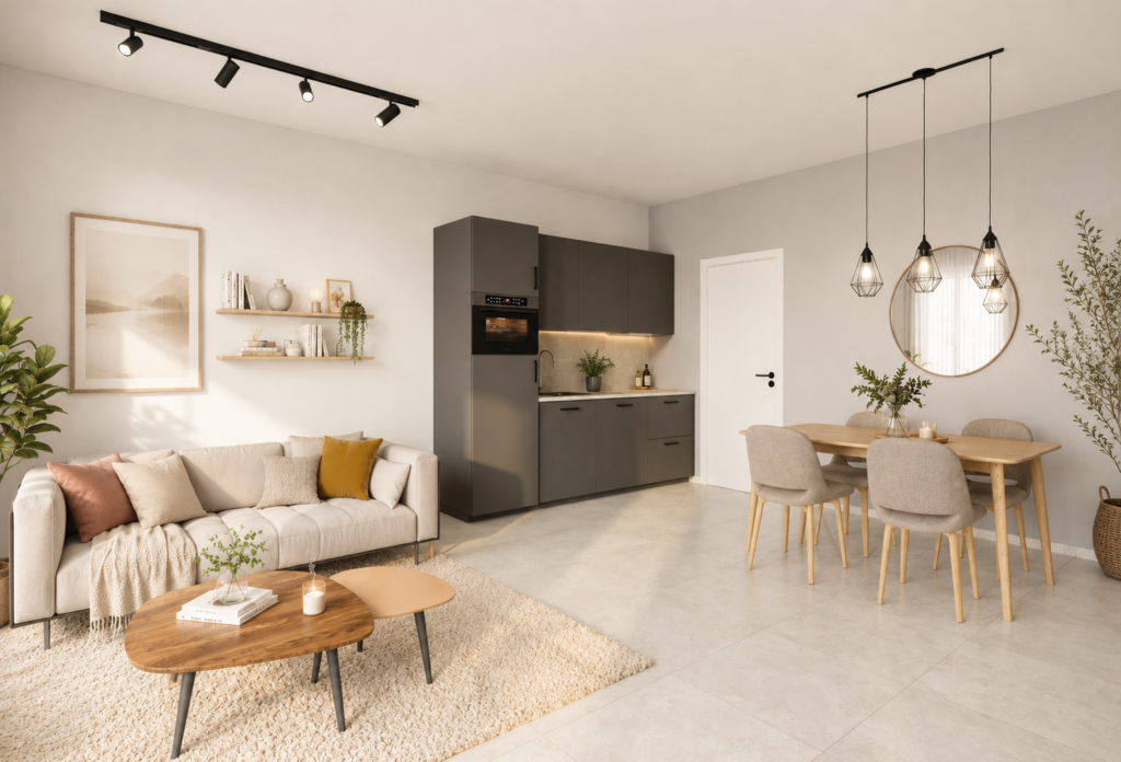 Séjour avec cuisine ouverte et salle à manger de l’appartement A23 de la résidence Stock-L
