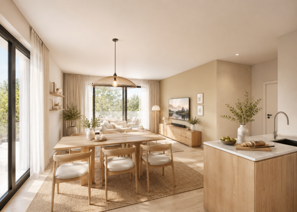 Séjour lumineux avec cuisine ouverte et salle à manger de l’appartement A11 de la résidence Stock-L
