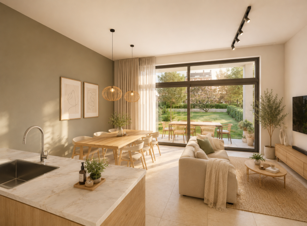 Séjour lumineux avec cuisine ouverte donnant sur le jardin de la résidence Stock-L à Woluwe-Saint-Pierre