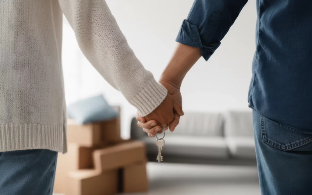 Couple recevant les clés de son nouveau logement