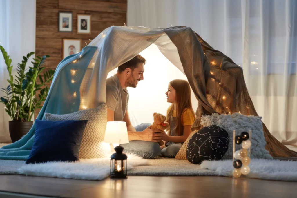 Père et fille partageant un moment dans leur nouveau logement