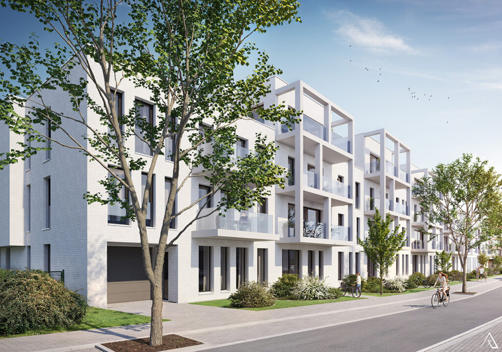 Vue extérieure des appartements Stock-L et de leurs terrasses à Woluwe-Saint-Pierre