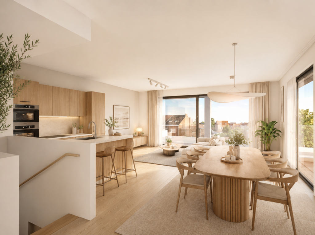 Intérieur d’un appartement Stock-L avec cuisine ouverte et salle à manger